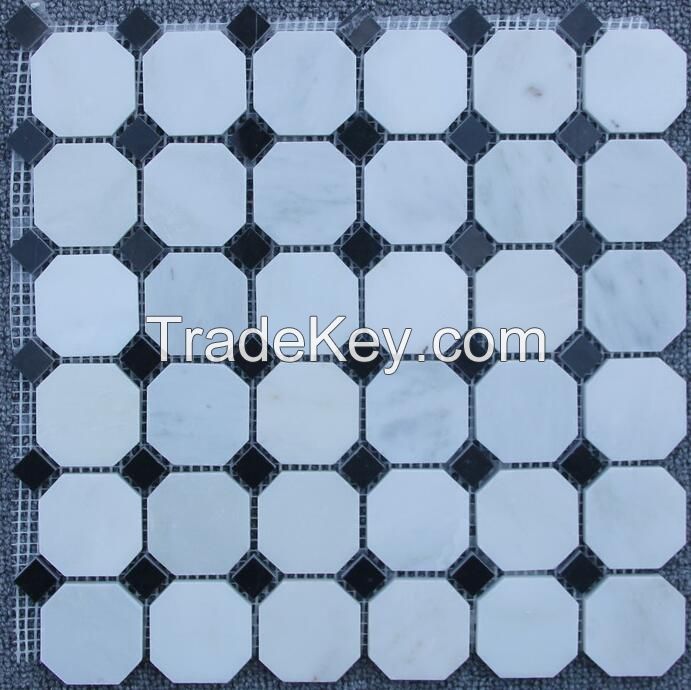 Carrara White Italian Carrera Marble Octagon Mosaic Tile Gray Dots 