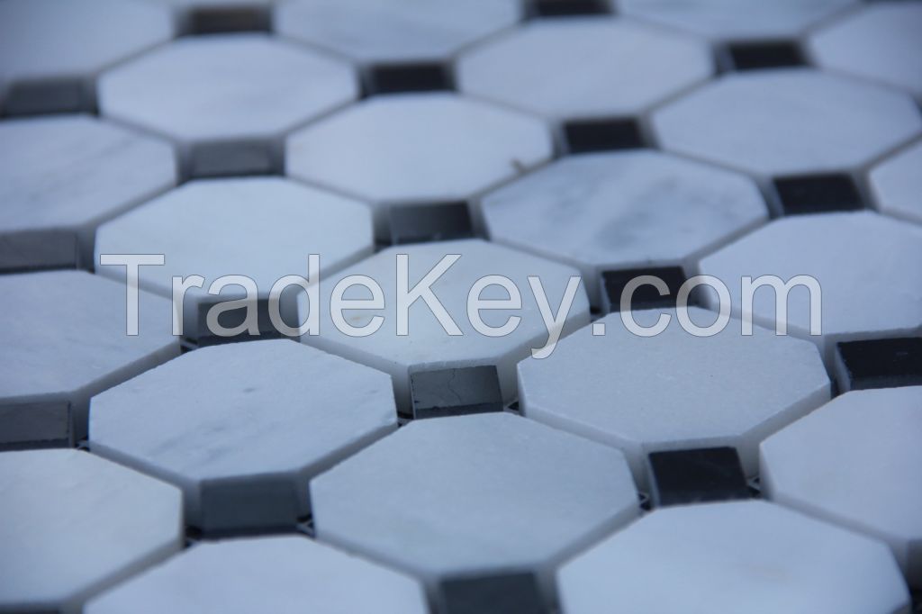 Carrara White Italian Carrera Marble Octagon Mosaic Tile Gray Dots 