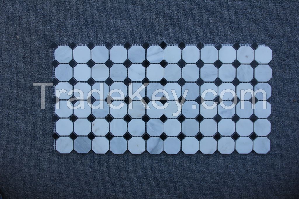 Carrara White Italian Carrera Marble Octagon Mosaic Tile Gray Dots