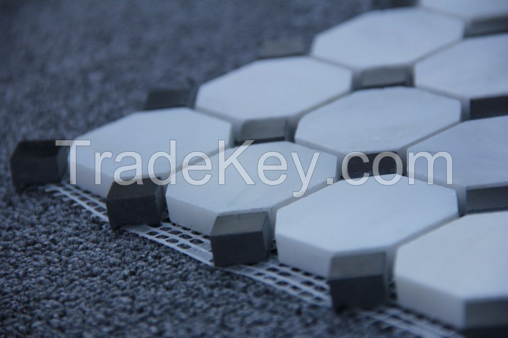 Carrara White Italian Carrera Marble Octagon Mosaic Tile Gray Dots 