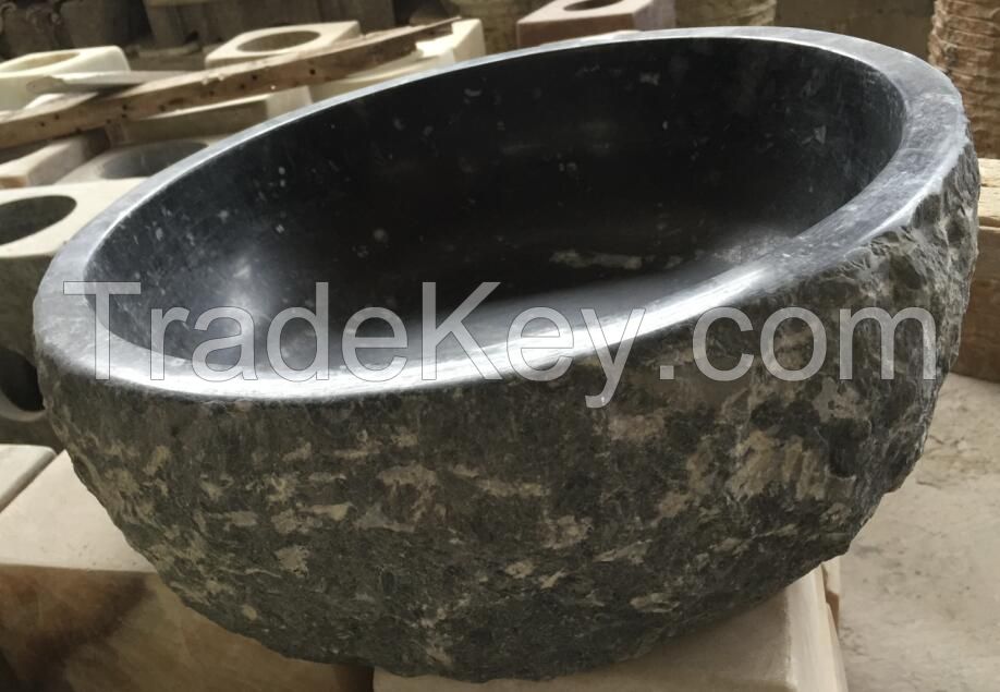 Round Stone Vessel, white Granite, Rough Exterior