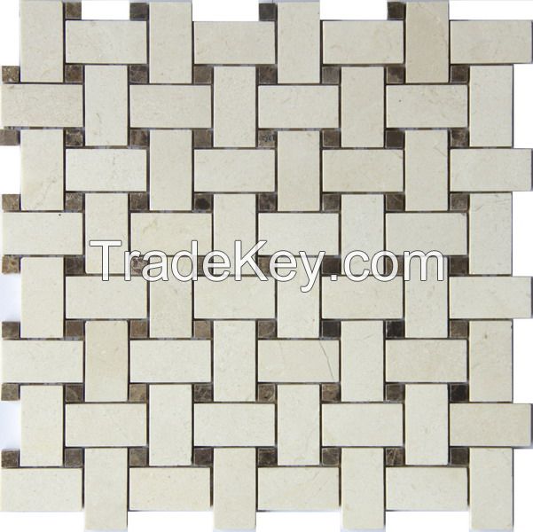 Beige marble Herringbone  with brown dot mosaics tile