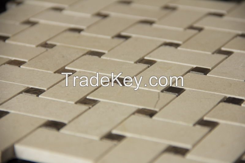 Beige marble Herringbone  with brown dot mosaics tile