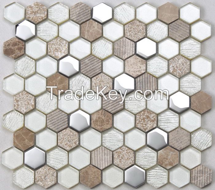 Stone and Metel Mix Glass Mosaic Hexagon New Design PFHSL21