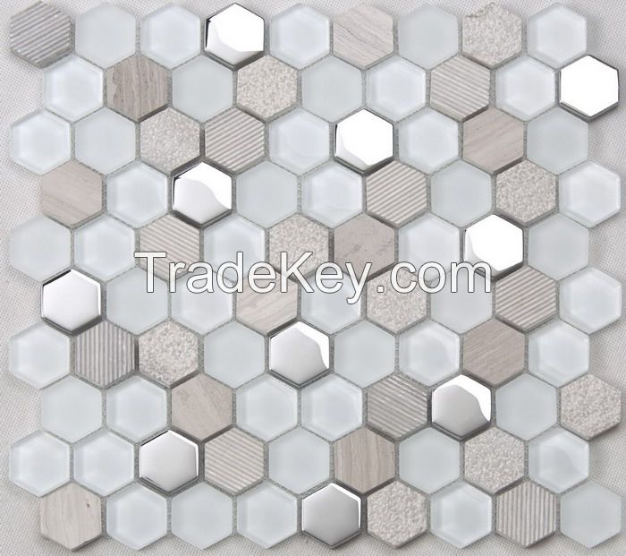 Stone and Metel Mix Glass Mosaic Hexagon New Design PFHSL20