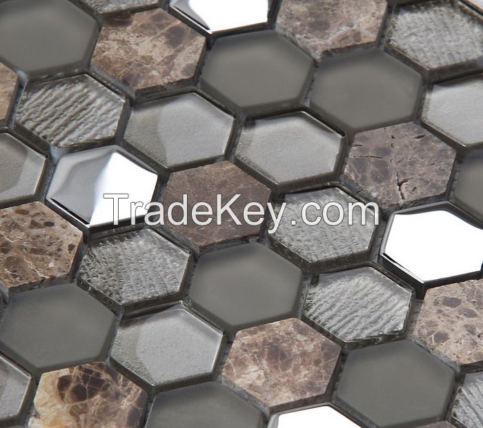 Stone and Metel Mix Glass Mosaic Hexagon New Design PFHSL16