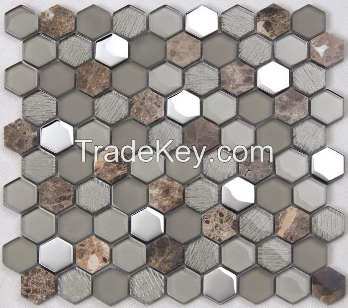 Stone and Metel Mix Glass Mosaic Hexagon New Design PFHSL16
