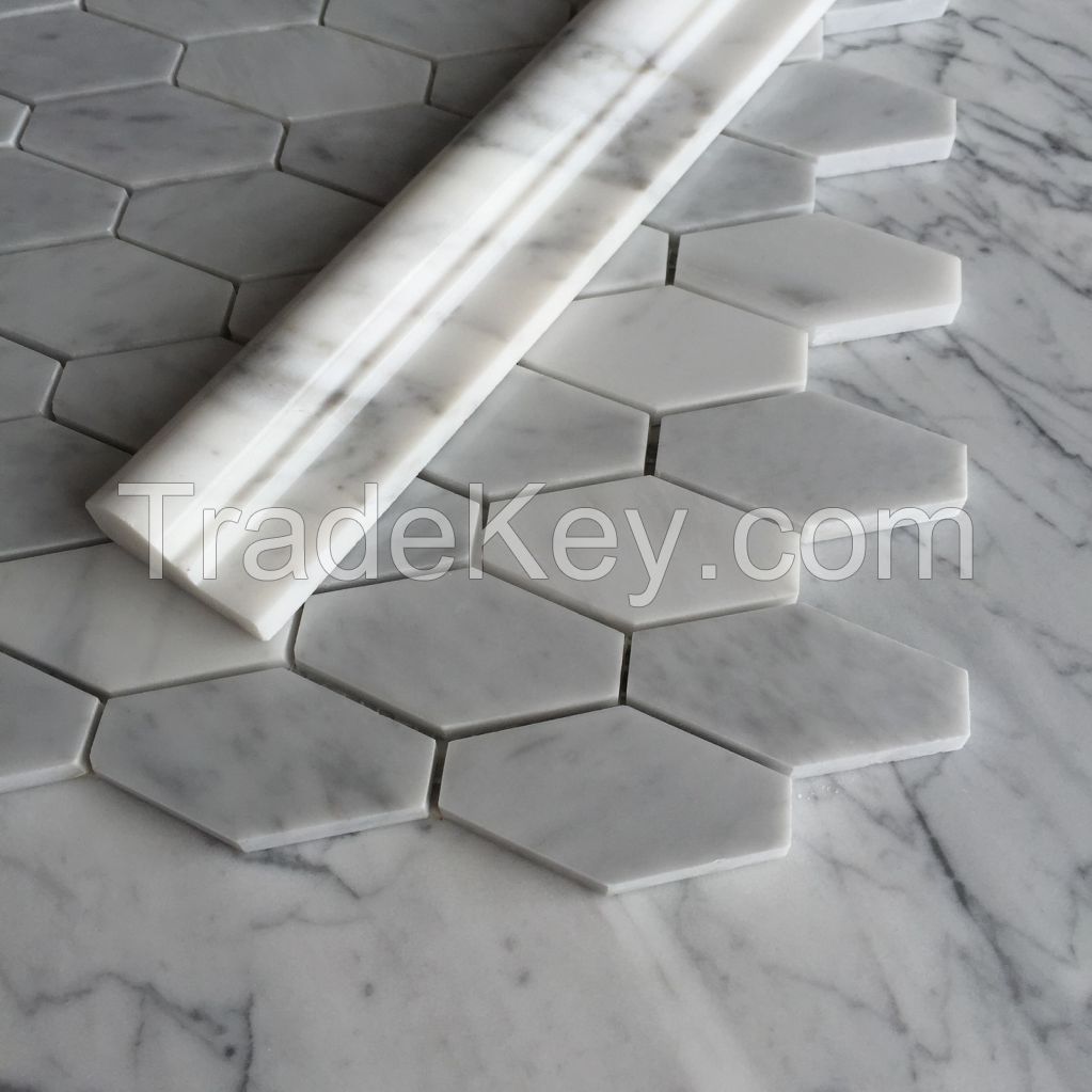 Carrara White long Hexagon shape polish surface Mosaic Tile
