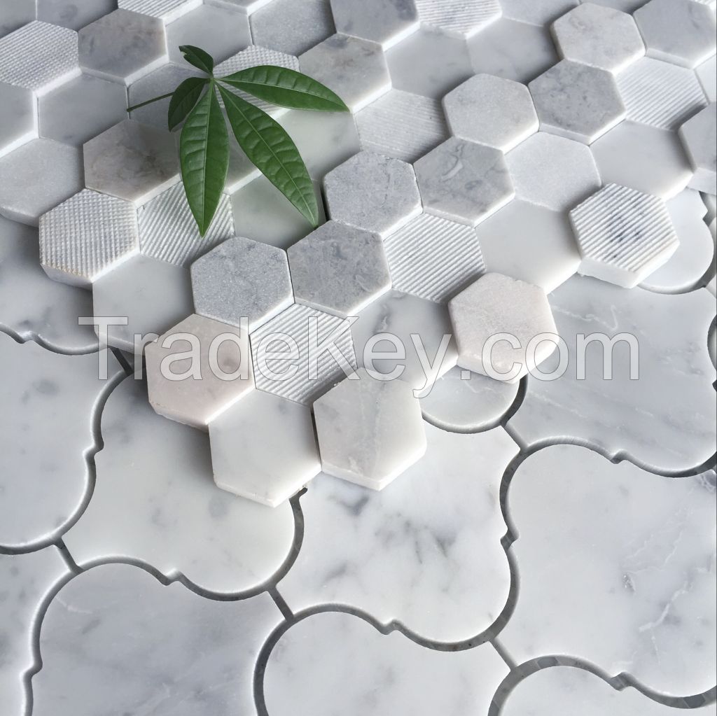 Carrara White Hexagon 3D mix surface Mosaic Tile