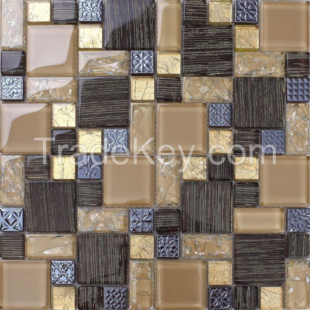 Gold Foil  mosaic, black chips mixed, metal tile , glass mosaic PFAE30