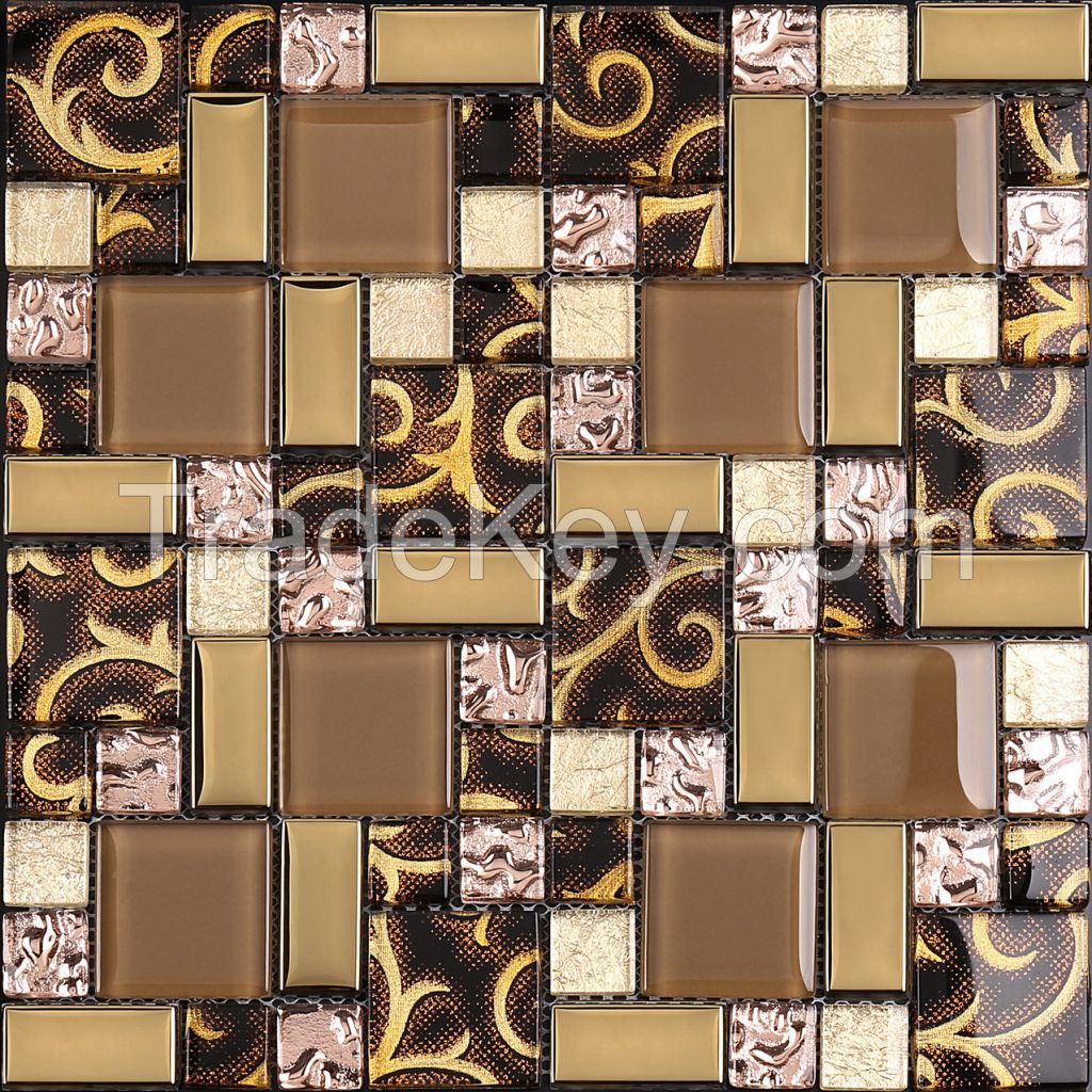 Gold Foil  mosaic, black chips mixed, metal tile , glass mosaic PFAE30