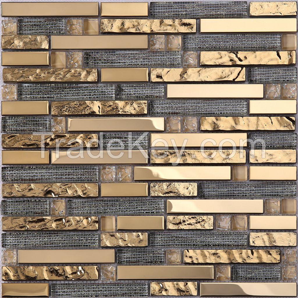 Gold Foil  mosaic,   modern long strip glass mosaic PFHTJ25