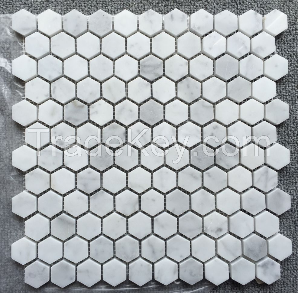 Carrara White Mosaic Tile; hexagon polished