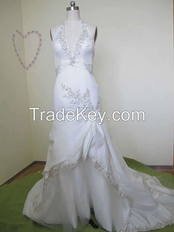 Elegant Mermaid Satin Halter Embellishment with Lace Chapel Train Wedding Dress in Great Handwork