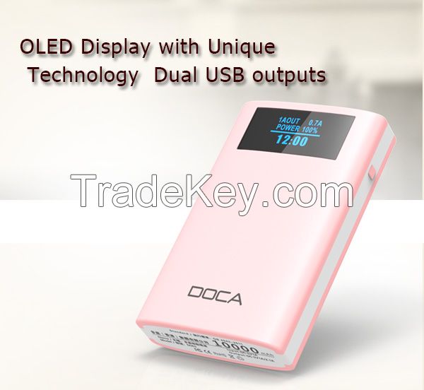 DOCA D563 10000mah power bank showing time and Alarm function
