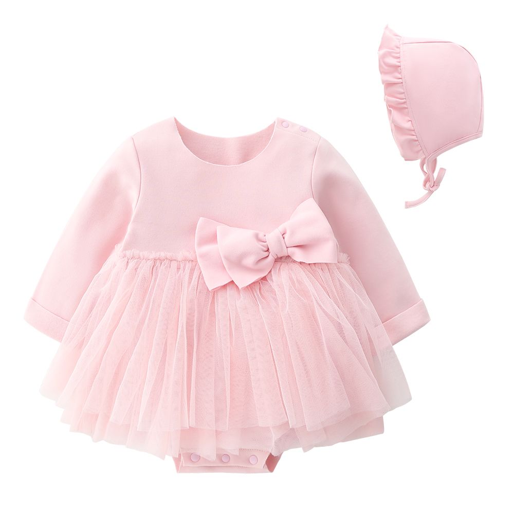 Newly thermal cotton fabric baby clothes beauty bow design long sleeve infant girl romper dress with hat