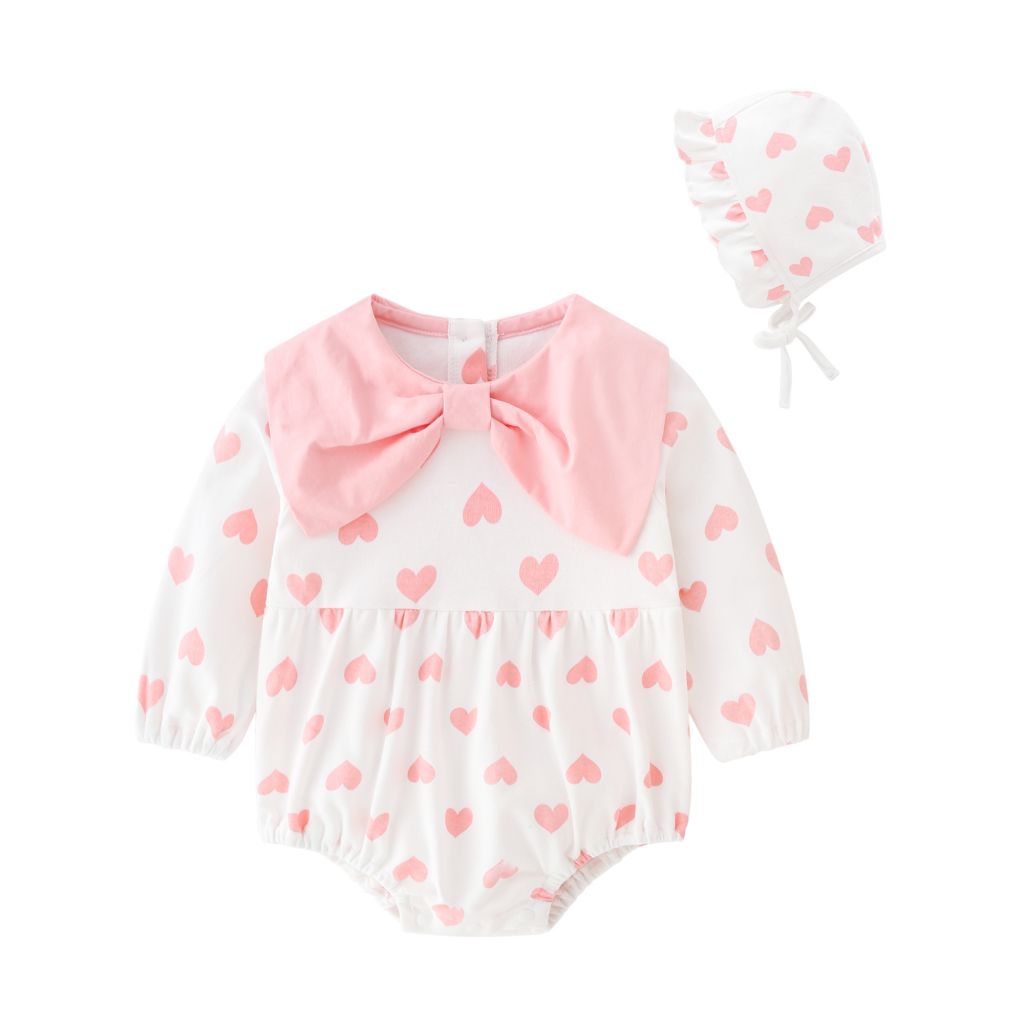 Newborn baby clothes pink heart printing big bow collar and long sleeve baby girl rompers