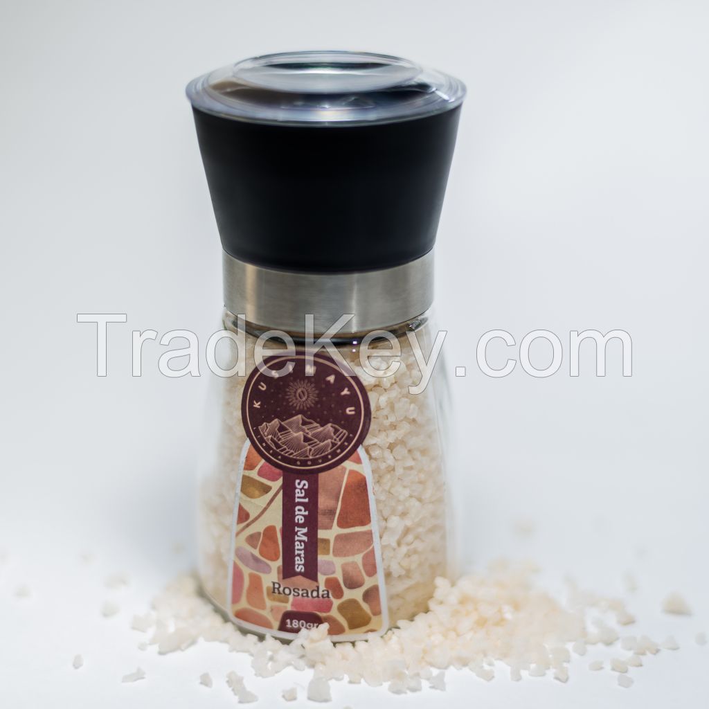 Peruvian Pink Salt from Maras in adjustable glass grinder
