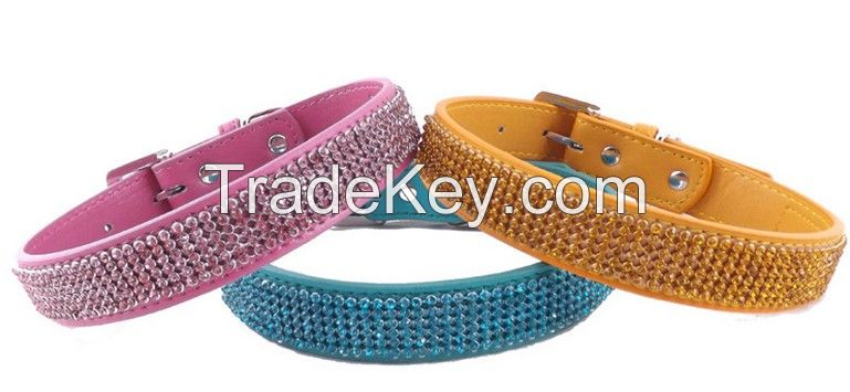 Diamante Pet Dog Poppy PU Leather Bling Silver Rhinestone Neck Strap Collar