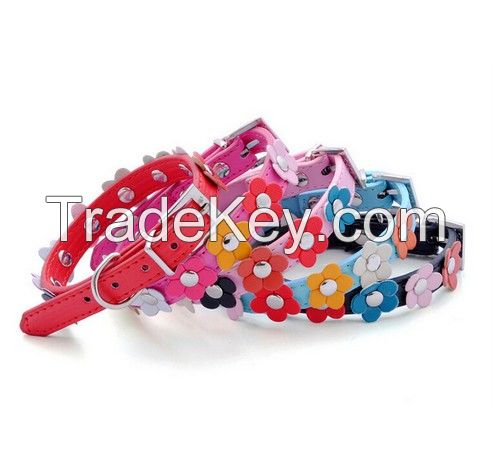 Flower Studded Dog Collar Coller Pu Leather Pet Puppy Cat Neck Strap