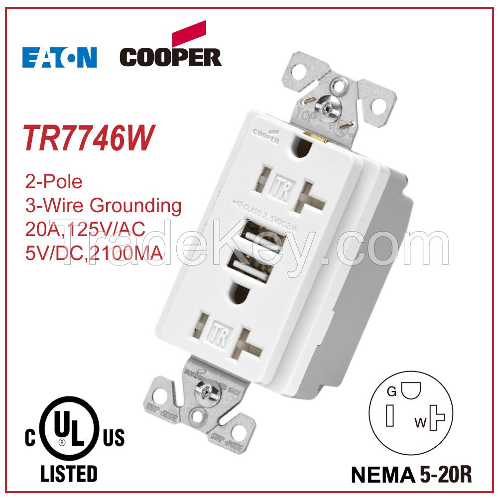 NEMA 5-20R 20 Amp/125 Volt Tamper resistant receptacle with 2 USB Charging ports UL
