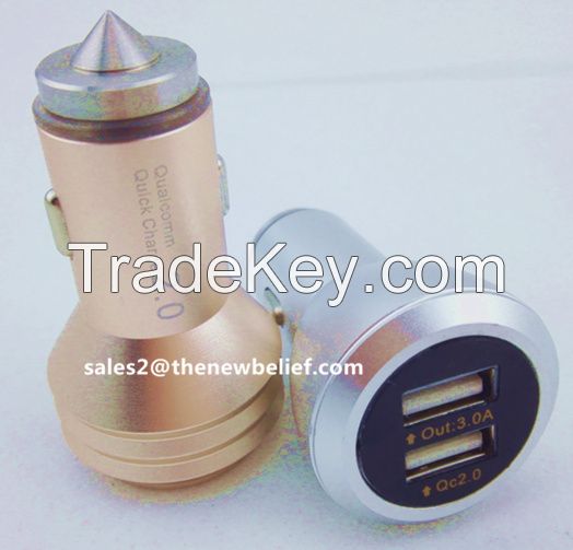 QC2.0 car charger dual ports Aluminium alloy metal with safety hammer resqme 