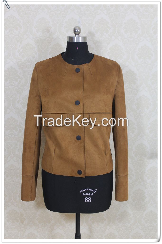 Short brown ladies collarless jackets texured suede leather women coats