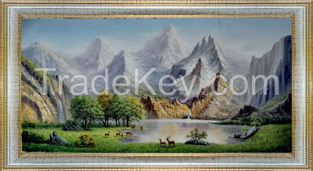 Handpainted oil painting-Deers in the front of mountain