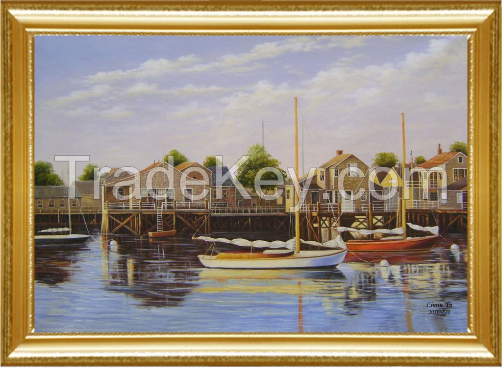 Hand painted oil painting-Boat in front of wooden house