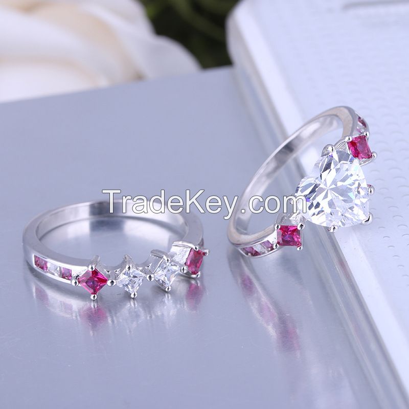 925 Silver Sterling Engagement And Wedding Heart Shape Ring Set For Women