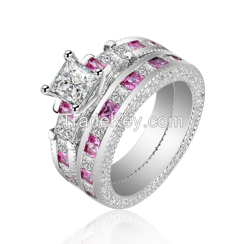 925 Silver Sterling Engagement and wedding Ring Set and gift for Women with square CZ