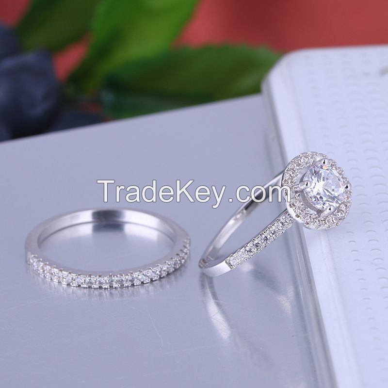 silver wedding ring set round CZ pave setting for women and men rings