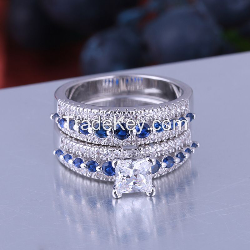 925 Silver Ring Set with sapphire stones for women and men gift rings