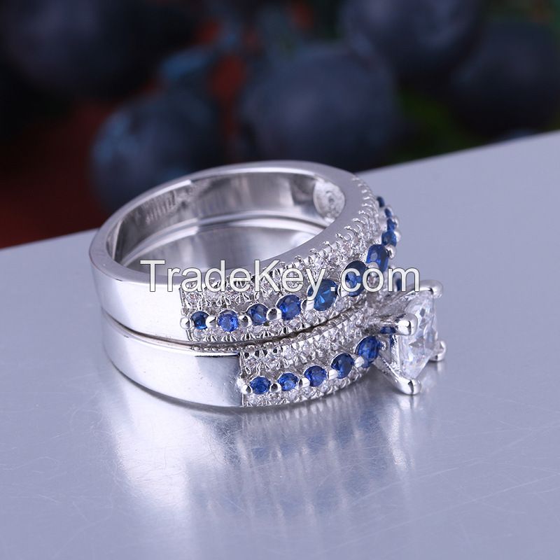 925 Silver Ring Set with sapphire stones for women and men gift rings
