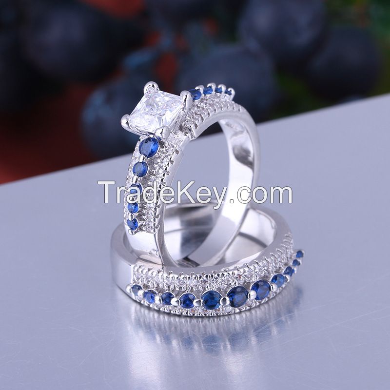 925 Silver Ring Set with sapphire stones for women and men gift rings