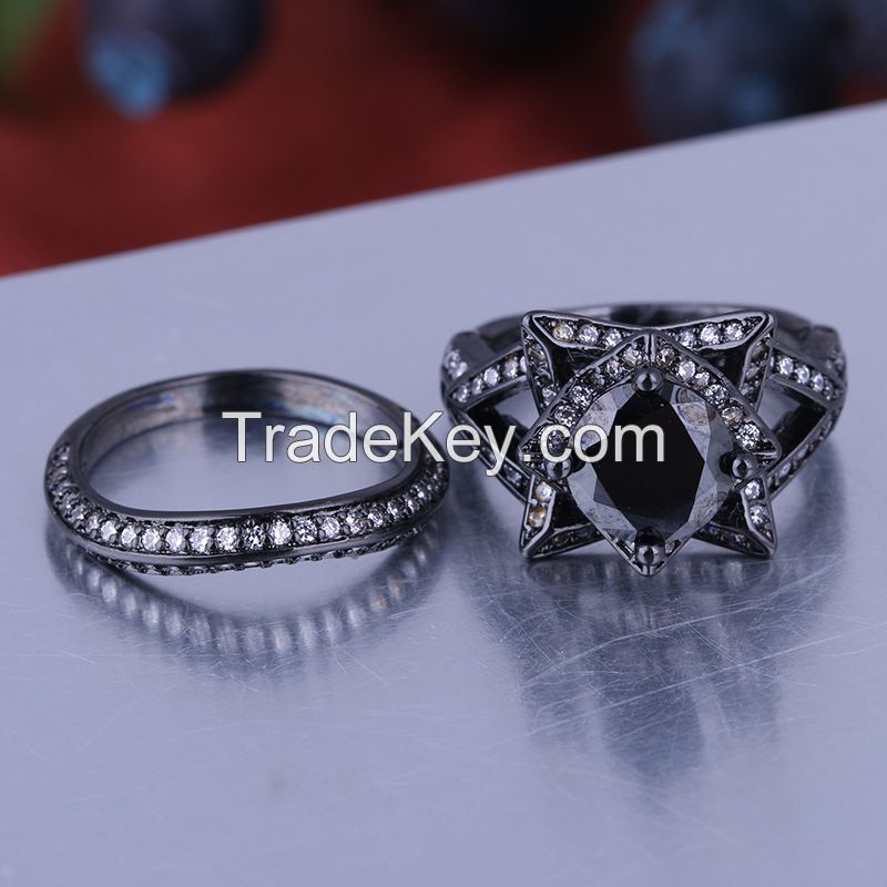 925 Silver Sterling Black Rhodium Plated Ring Set For Women - S0037