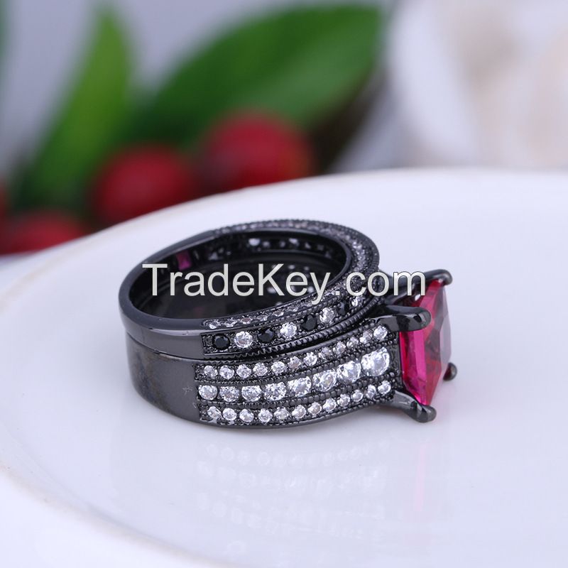 925 Silver Sterling Black Ring Set red ruby gemstone and CZ rings