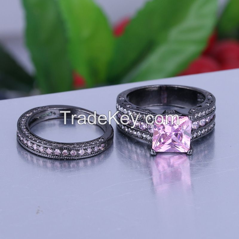 925 Silver Sterling Princess Square Pink Simulated Diamond Rings