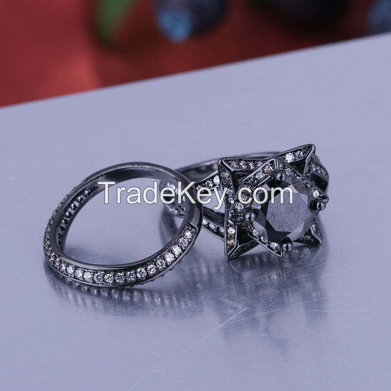 925 Silver Sterling Black Rhodium Plated Ring Set For Women - S0037