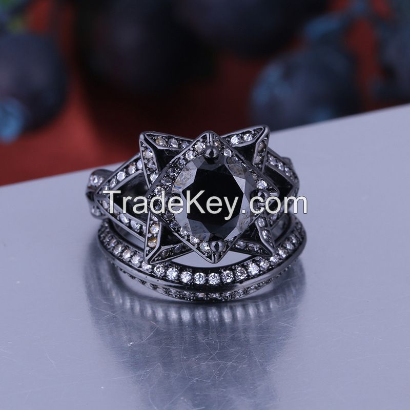 925 Silver Sterling Black Rhodium Plated Ring Set For Women - S0037