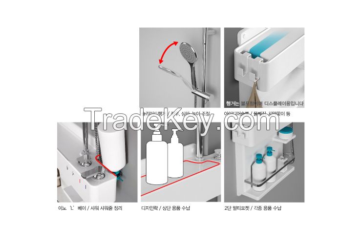 High quality Korean shower mixer with rain shower head, hand shower, bauth faucet & wall-mounted shelf -- Cebien UP-T shower set