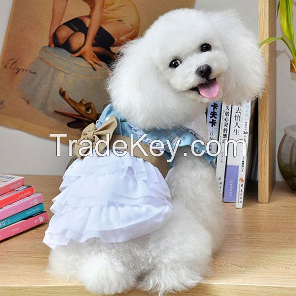Lace Bow Denim Princess Small Dog Dress Puppy Skirt Clothes Apparel