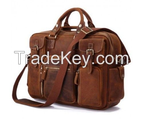 Brown Leather Bag With Multiple Pokets