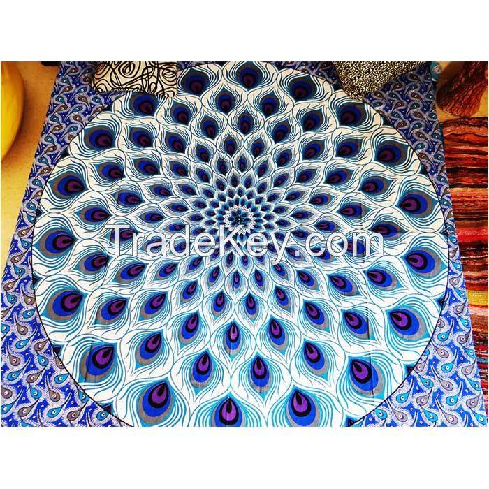 PEACOCK FEATHER BLUE MANDALA BEDSPREAD WALL HANGIN