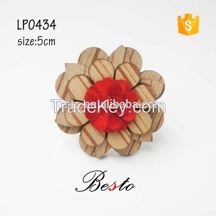 High quality fabrc flower center custom decorative stick pin wooden flower brooch for suits/dress/garments