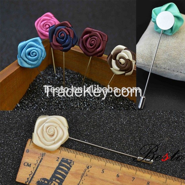 2016 Factory wholesale high quality rose shape decorative stick pin custom lapel pin fabric flower brooch pin for suits/dress