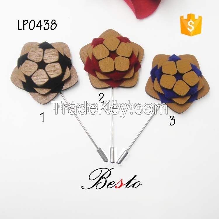 New vintage double color lapel pin manufacturer machine cut custom wooden flower brooch for suits/dress/garments