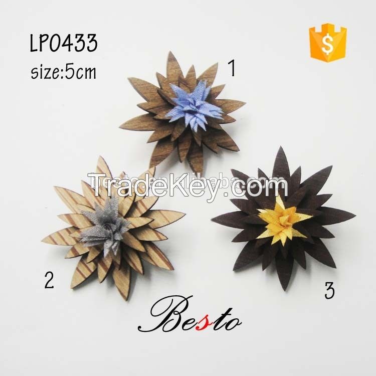 Factory wholesale unique angular fabric flower center custom wooden flower brooch with clutch pin for suit wedding decoration