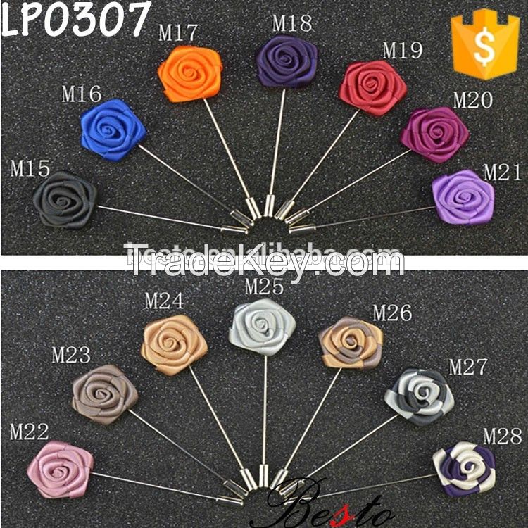 2016 Factory wholesale high quality rose shape decorative stick pin custom lapel pin fabric flower brooch pin for suits/dress