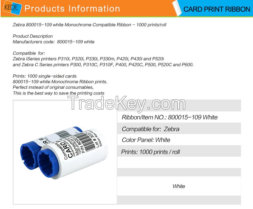 For Zebra P310I 800015-109 white compatible card printer ribbon